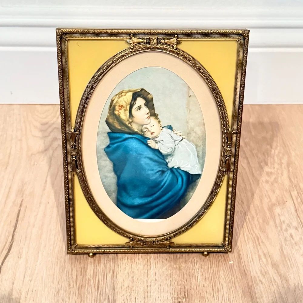 VTG 1930s Art Deco‎ Brass Gold Yellow Standing Photo Picture Frame Velvet Back